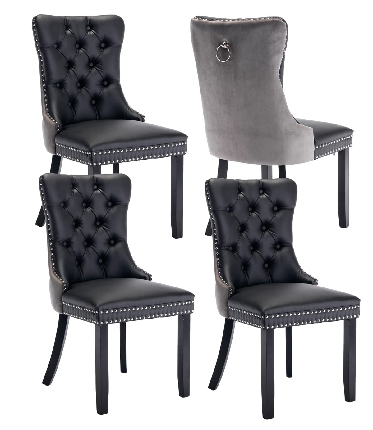 Dining Chairs Set Of 4, Upholstered Dining Room Chairs With Back Ring Pull Trim And Solid Wood Legs, Modern Tufted Kitchen Chair