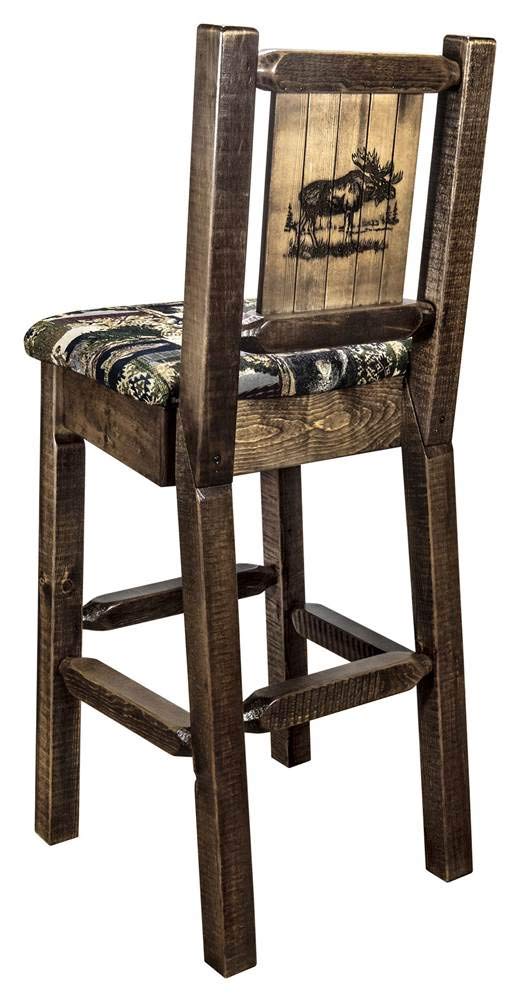 Montana Woodworks Homestead Collection Counter Height Barstool with Upholstered Seat, Woodland Pattern, Laser Engraved Moose Design, Stained & Lacquered