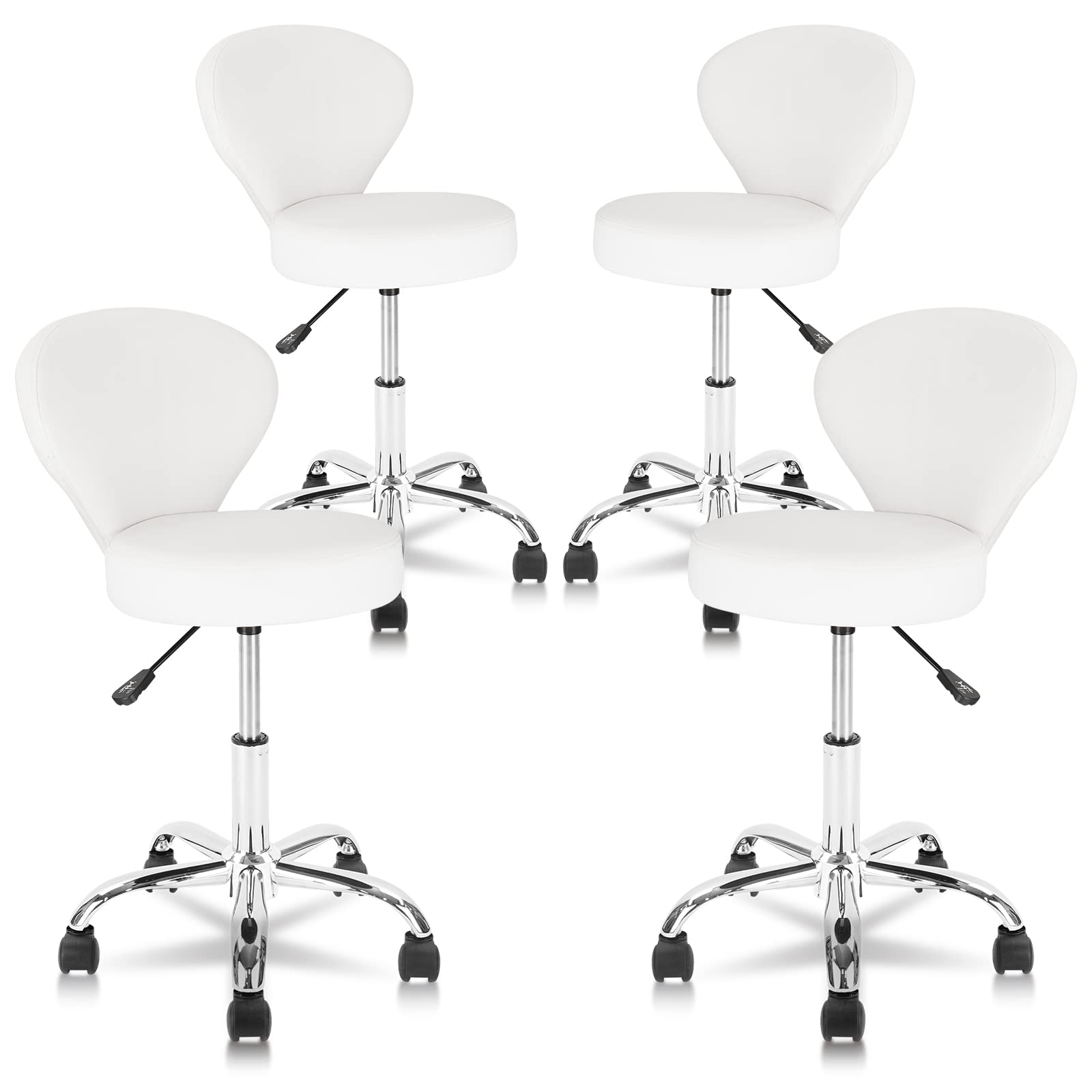 KLASIKA Set of 4 PVC Faux Leather Rolling Swivel Salon Stool Chair with Low Back Support Adjustable Hydraulic Seat Height 22 IN 