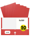 Sunee Folders With Pockets 3 Hole Punched(50 Pack, Red), 2 Pocket Folders Fit Letter Size Paper, Paper File Folder For School Of