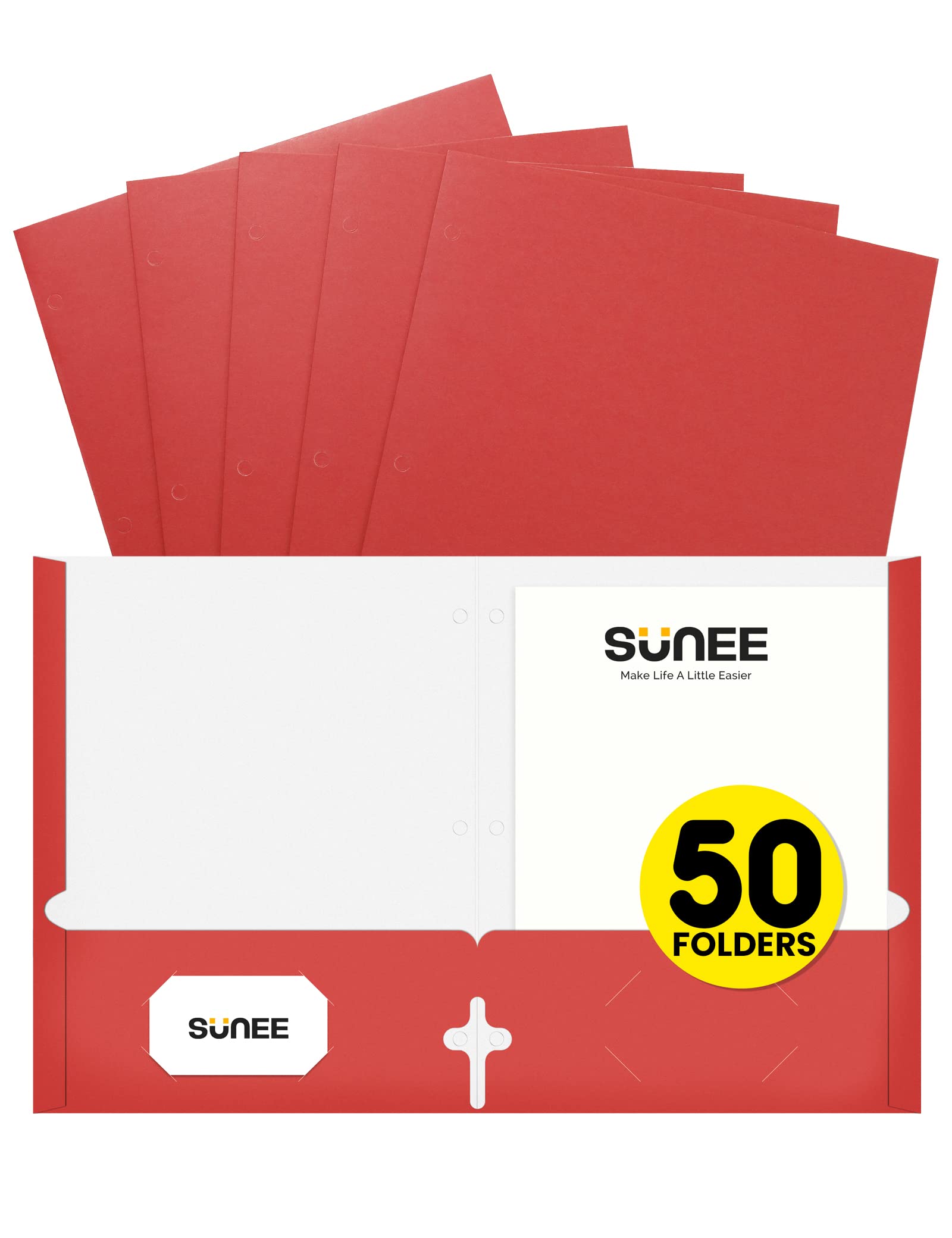 Sunee Folders With Pockets 3 Hole Punched(50 Pack, Red), 2 Pocket Folders Fit Letter Size Paper, Paper File Folder For School Of