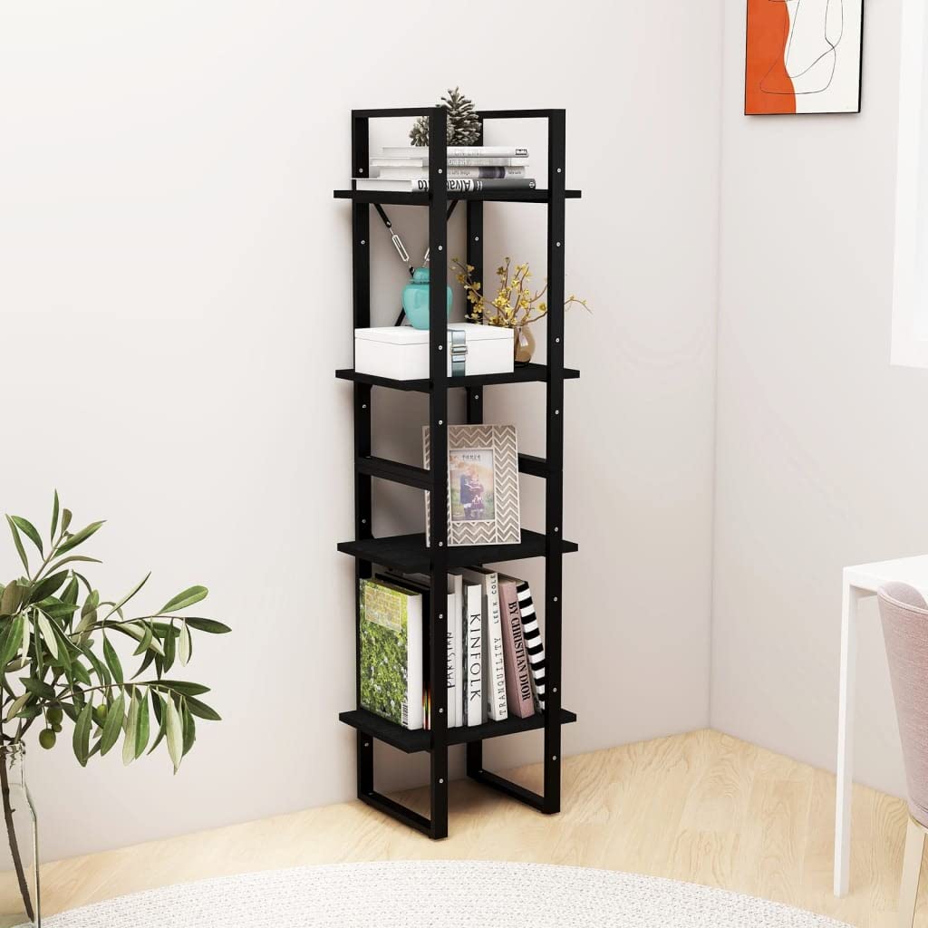 vidaXL 4-Tier Book Cabinet Black 15.7&quot;x11.8&quot;x55.1&quot; Solid Pine Wood
