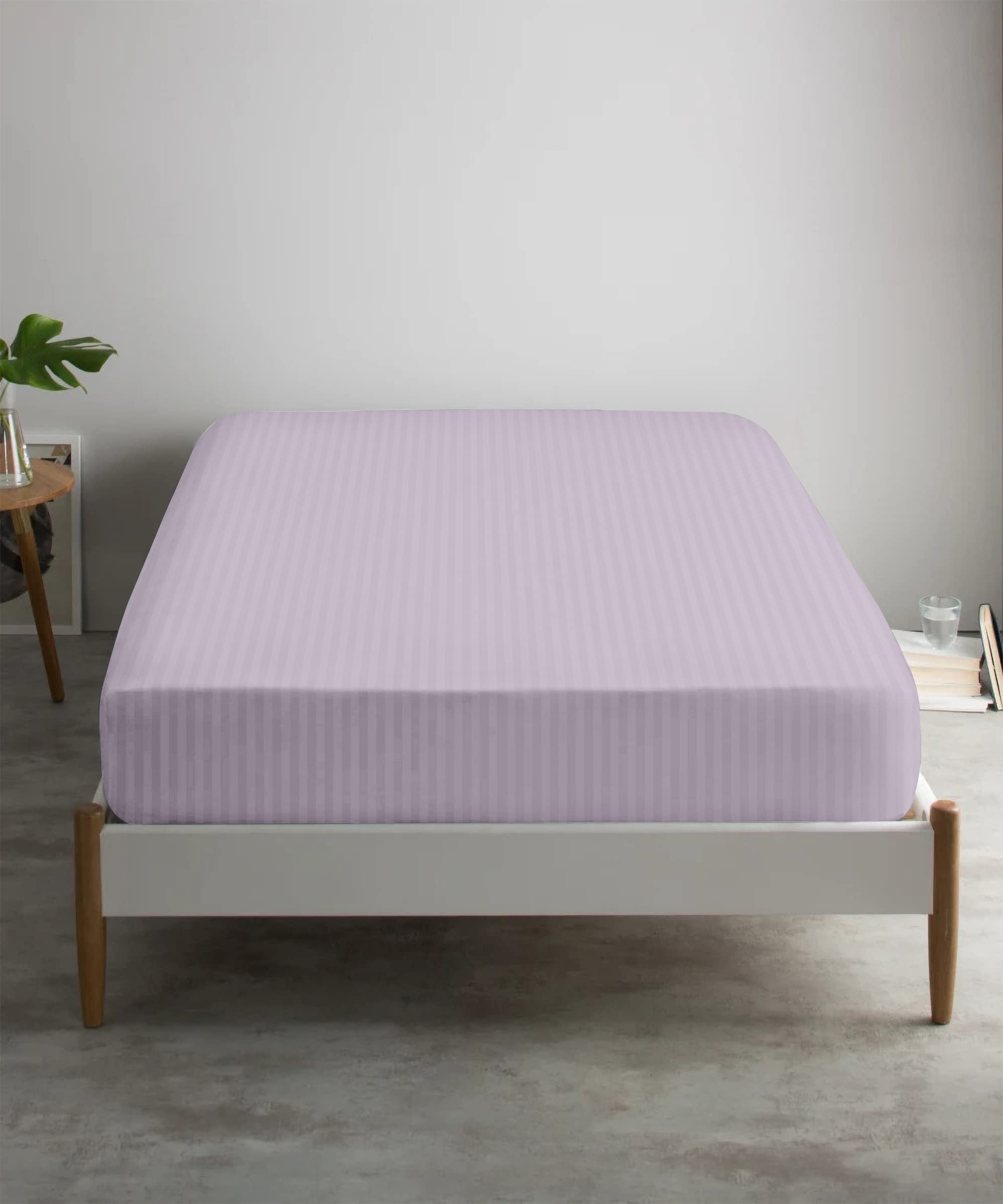 Feather & Stitch 1 Pc Fitted Sheet California King Size, 100% Cotton Damask Sateen Weave, Striped Breathable, Stretchable Elastic Sheet For Mattress 18 Inch Deep Pocket, 500Tc Ultra Soft - Lavender