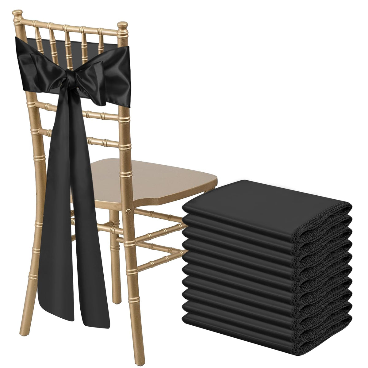 Bouiexye 10 Pcs Black Satin Chair Sashes Bows Universal Chair Ribbon Ties Back Sash For Wedding Party Reception Events Banquets