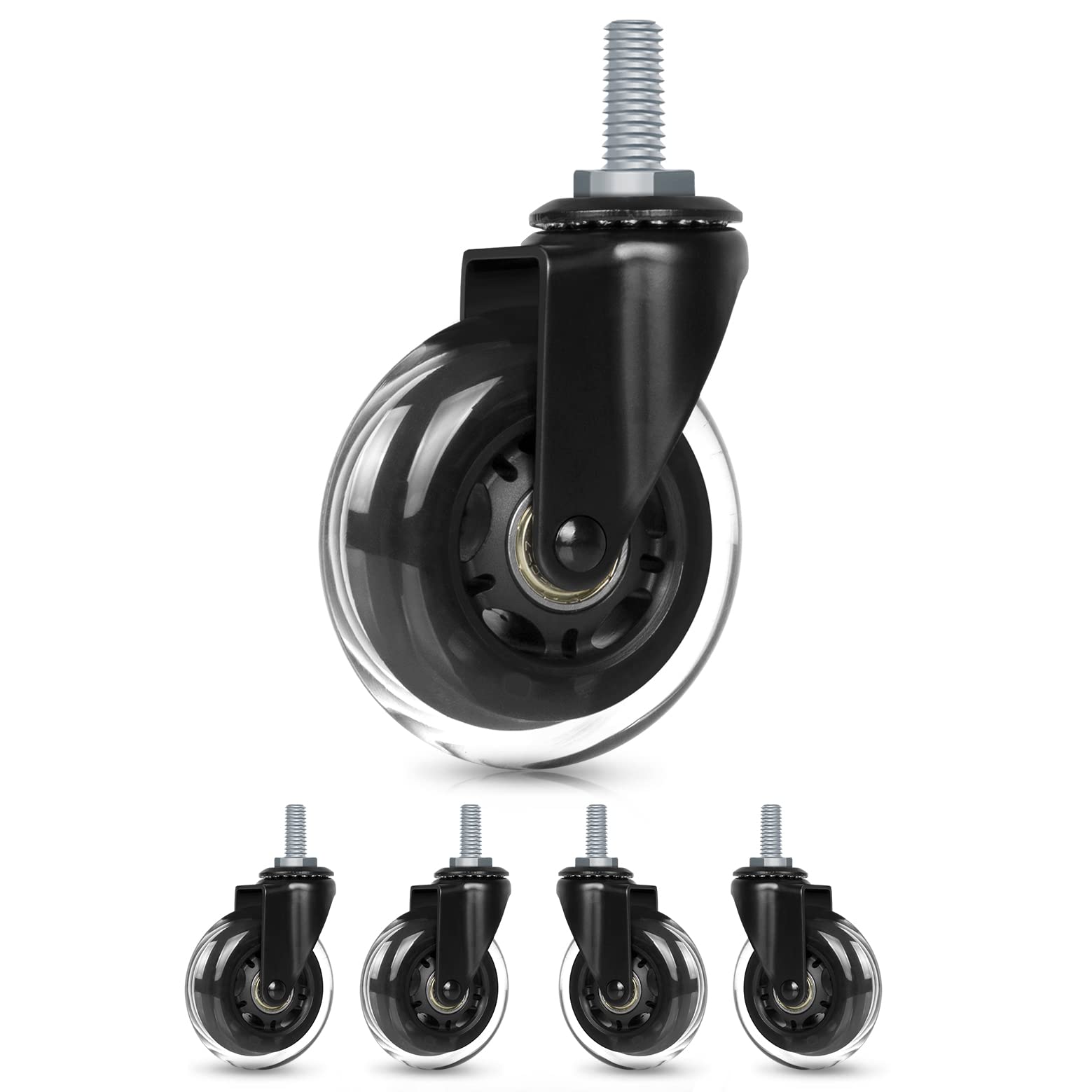 Hirate 5 Pack Office Chair Casters Wheel with 5/16'-18UNC Threaded Stem, 3' Soft Swivel Stem Gaming Chairs Casters Replacement