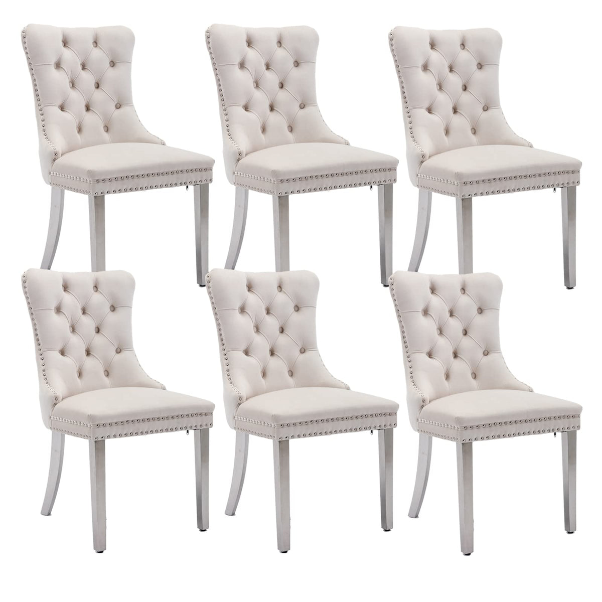 Velvet Dining Chairs Set Of 6, Upholstered Dining Room Chairs With Back Ring Pull Trim And Sliver Stainless Steel Legs,Modern Ki