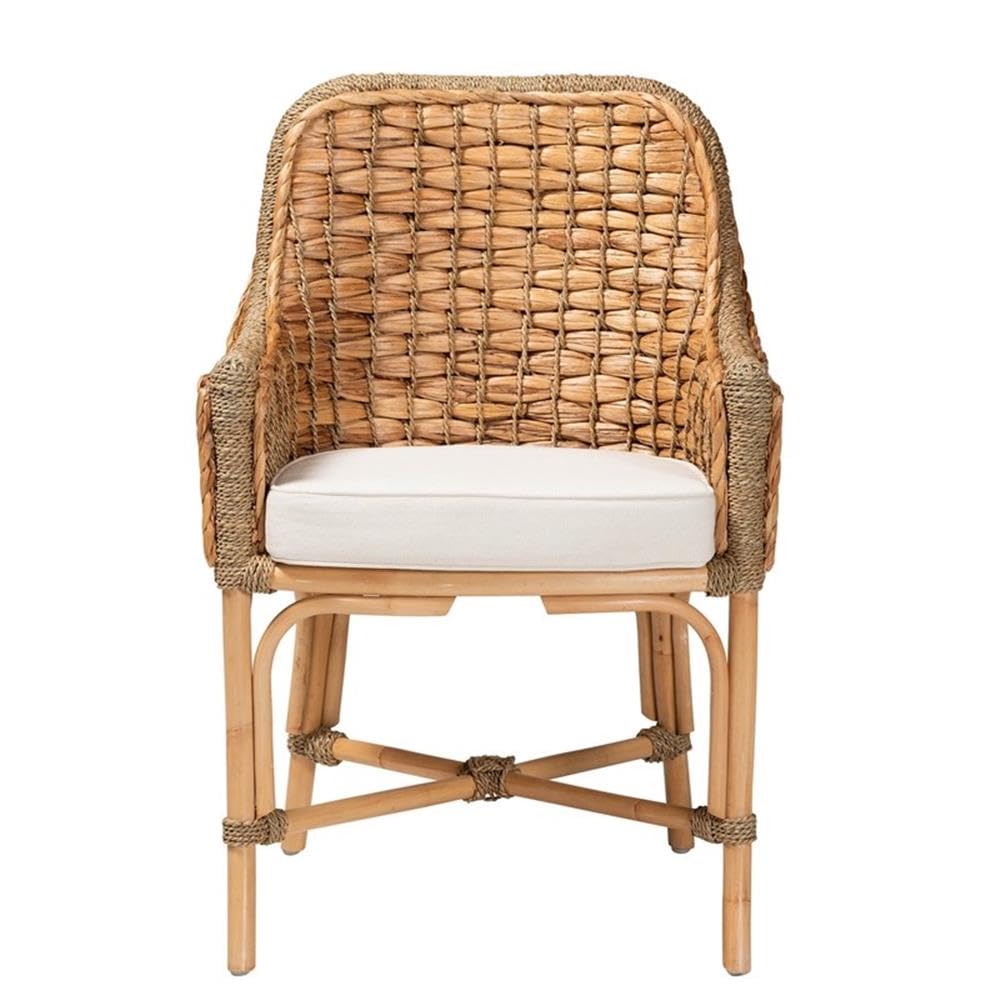 Baxton Studio Kyle Natural Brown Woven Rattan Dining Arm Chair with Cushion