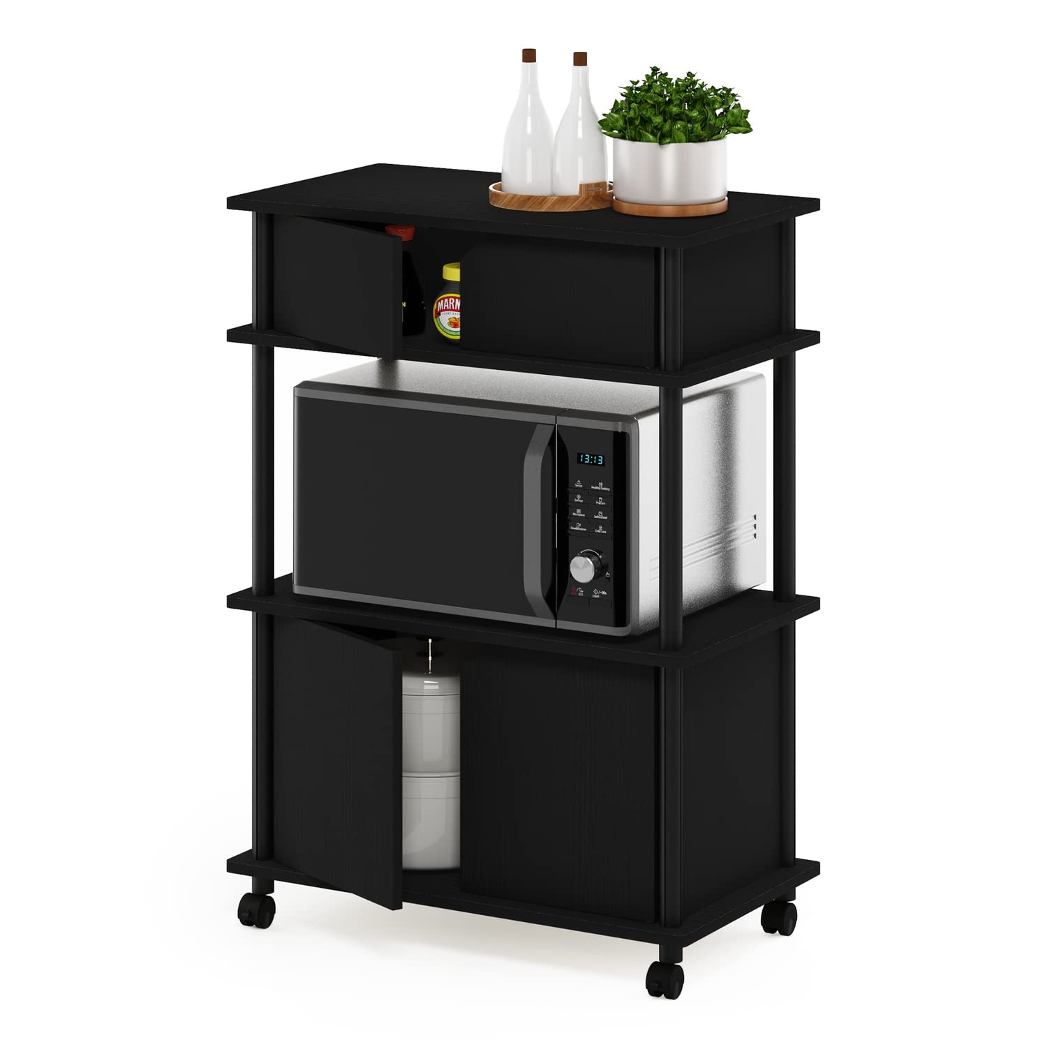 Furinno Turn-N-Tube Kitchen Storage Cart with Cabinet with Lockable Wheels, Americano/Black