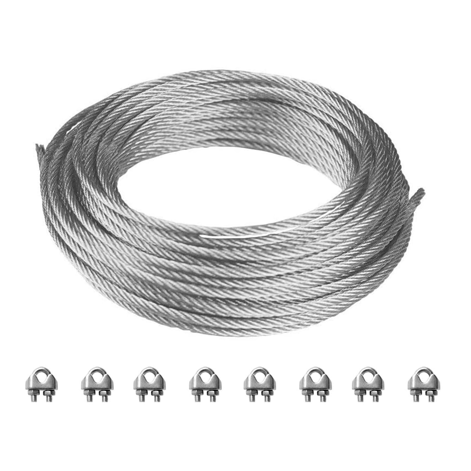 Windscreen4less Shade Sail Wire Rope and 8 Pcs Clips, Wire Cable Galvanized Metal Clamp, 3/16-Inch x 25 Feet