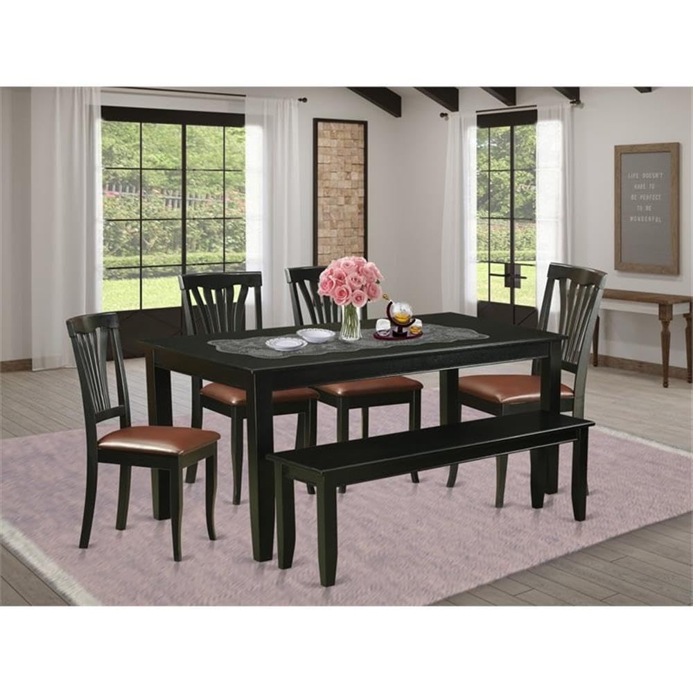 East West Furniture DUAN6-BLK-LC 6 Piece Kitchen Table & Chairs Set Contains a Rectangle Dining Table and 4 Faux Leather Dining Room Chairs with a Bench, 36x60 Inch, Black