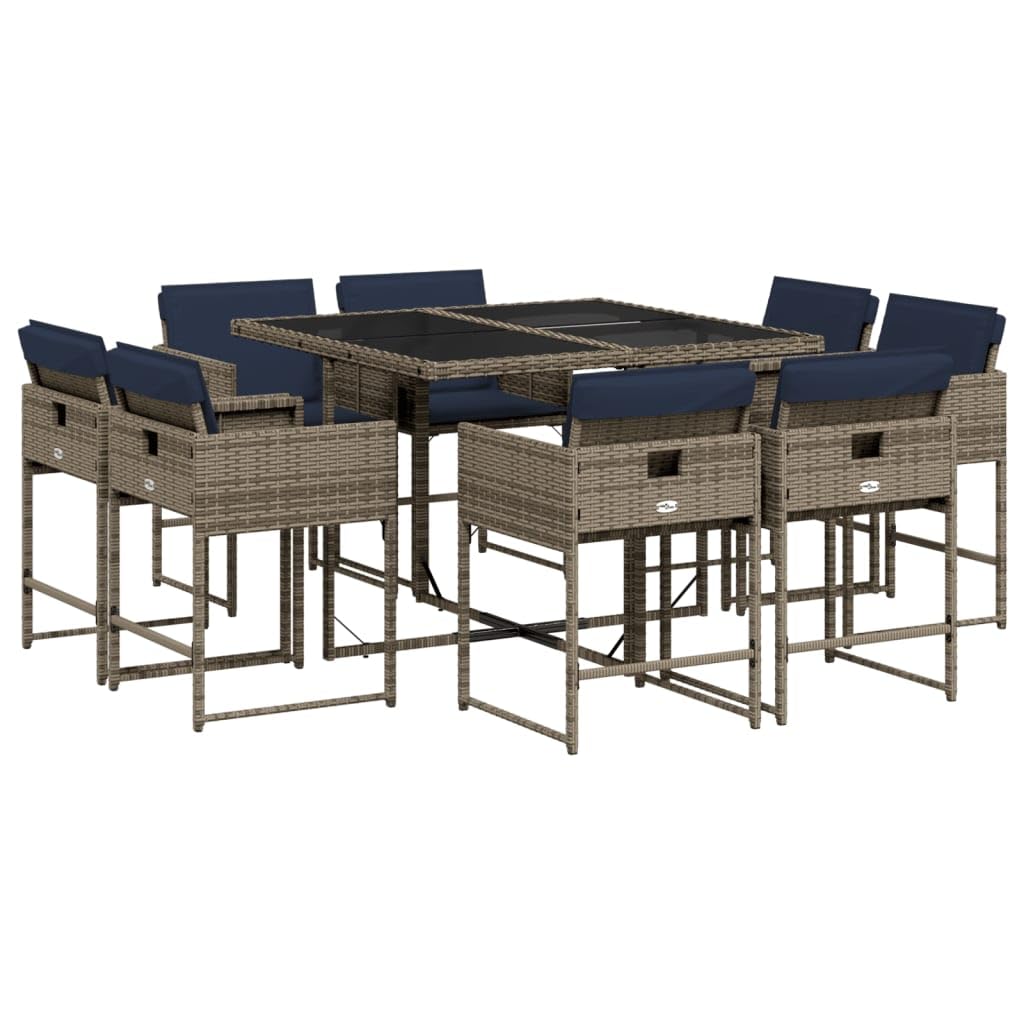 vidaXL Patio Dining Set - 9 Piece Gray Poly Rattan Outdoor Furniture with Cushions for Garden, Backyard, Patio, PE Rattan, Tempered Glass Table Top, Compact Storage