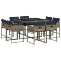 vidaXL Patio Dining Set - 9 Piece Gray Poly Rattan Outdoor Furniture with Cushions for Garden, Backyard, Patio, PE Rattan, Tempered Glass Table Top, Compact Storage