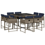 vidaXL Patio Dining Set - 9 Piece Gray Poly Rattan Outdoor Furniture with Cushions for Garden, Backyard, Patio, PE Rattan, Tempered Glass Table Top, Compact Storage