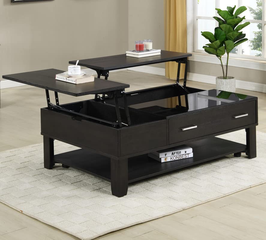 Lilola Home Bruno Ash Gray Wooden Lift Top Coffee Table with Tempered Glass Top and Drawer