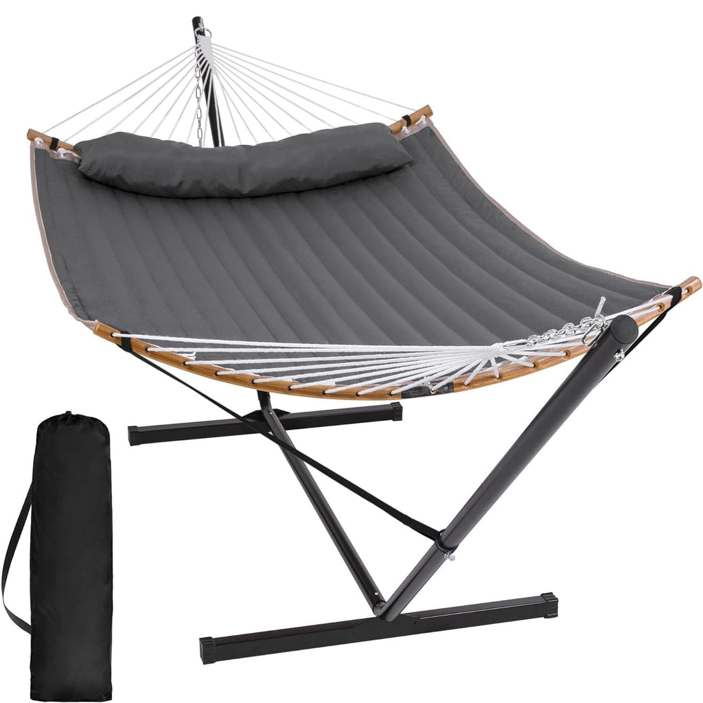 Suncreat Double Portable Hammock With Stand, 2 Person Hammock With Curved Spreader Bar, Balance Ropes Included, Dark Gray