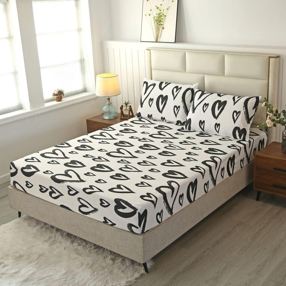 Sdiii 3Pcs Heart Queen Fitted Sheet Set, 1 Fitted Sheet And 2 Pillowcases, Excluding Flat Sheet, Heart Bedding Fitted Sheet Quee
