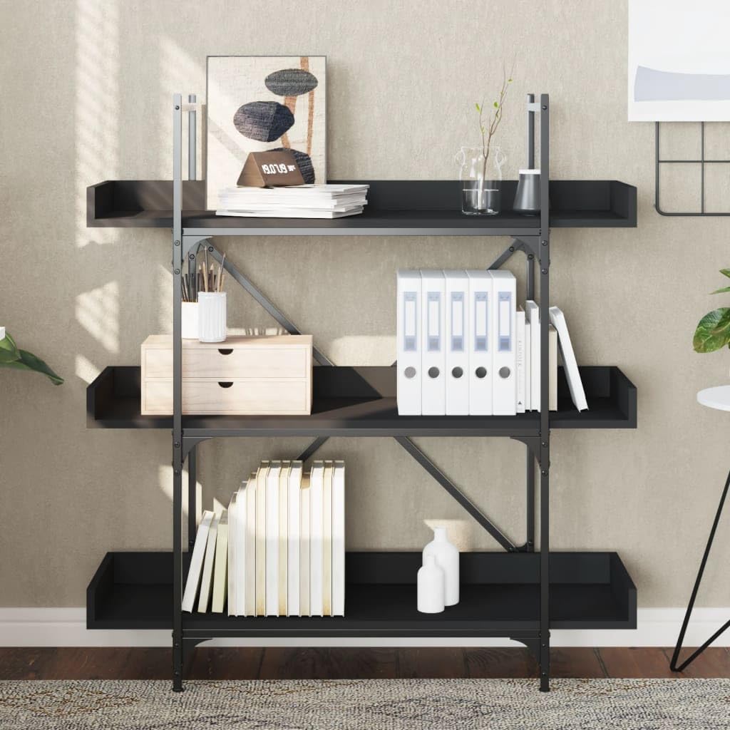 vidaXL Bookcase - 3-Tier Ample Storage Bookshelf with Adjustable Feet; Industrial Style Engineered Wood Book Stand in Black Finish; Measures 39.4"x13"x42.7"