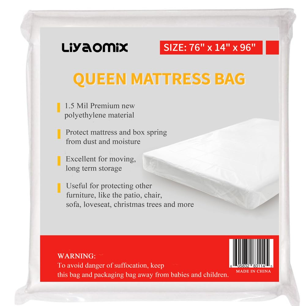 Liyaomix Full Xl/Queen Mattress Bag For Moving And Storage, 1.5 Mil 76' X 96' Clear Plastic Disposal Mattress Bag Cover