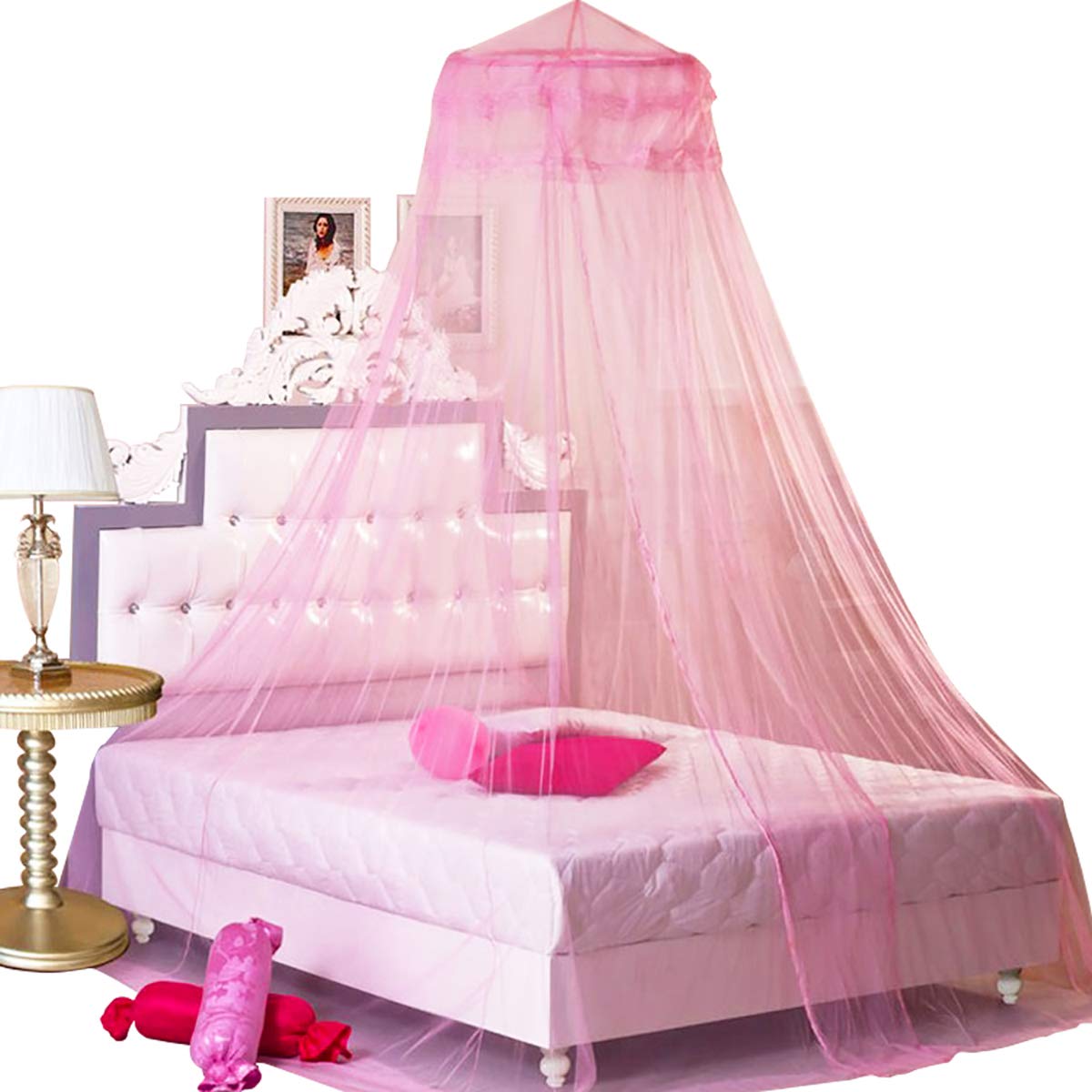 Bcbyou Pink Princess Bed Canopy Netting Mosquito Net Round Lace Dome For Twin Full And Queen Size Beds Crib With Jumbo Swag Hook