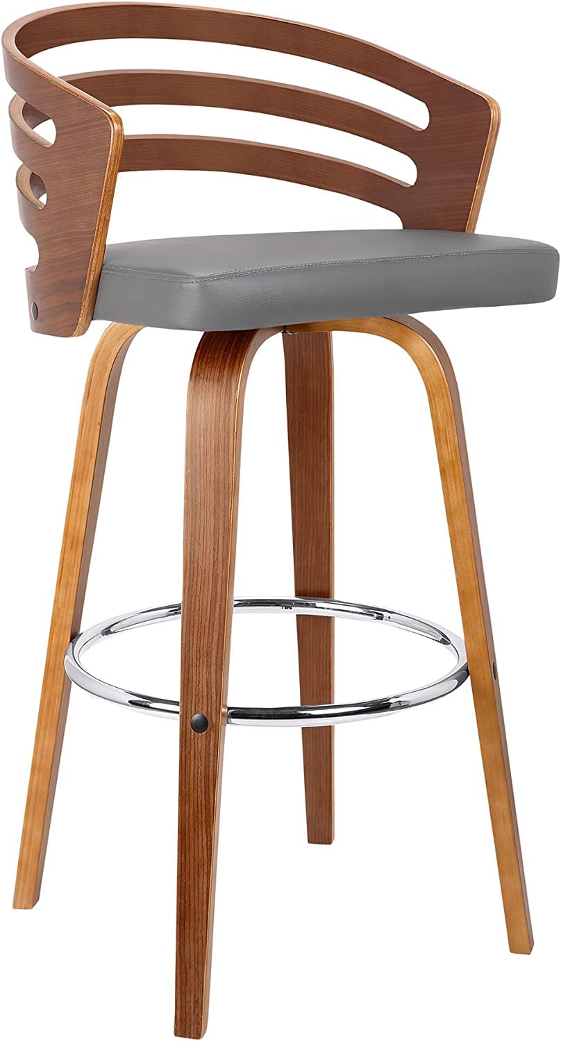 Armen Living Jayden Mid Century Modern Swivel Bar Stool for Kitchen Island Counter in Gray Faux Leather and Walnut Wood, 30'' Se