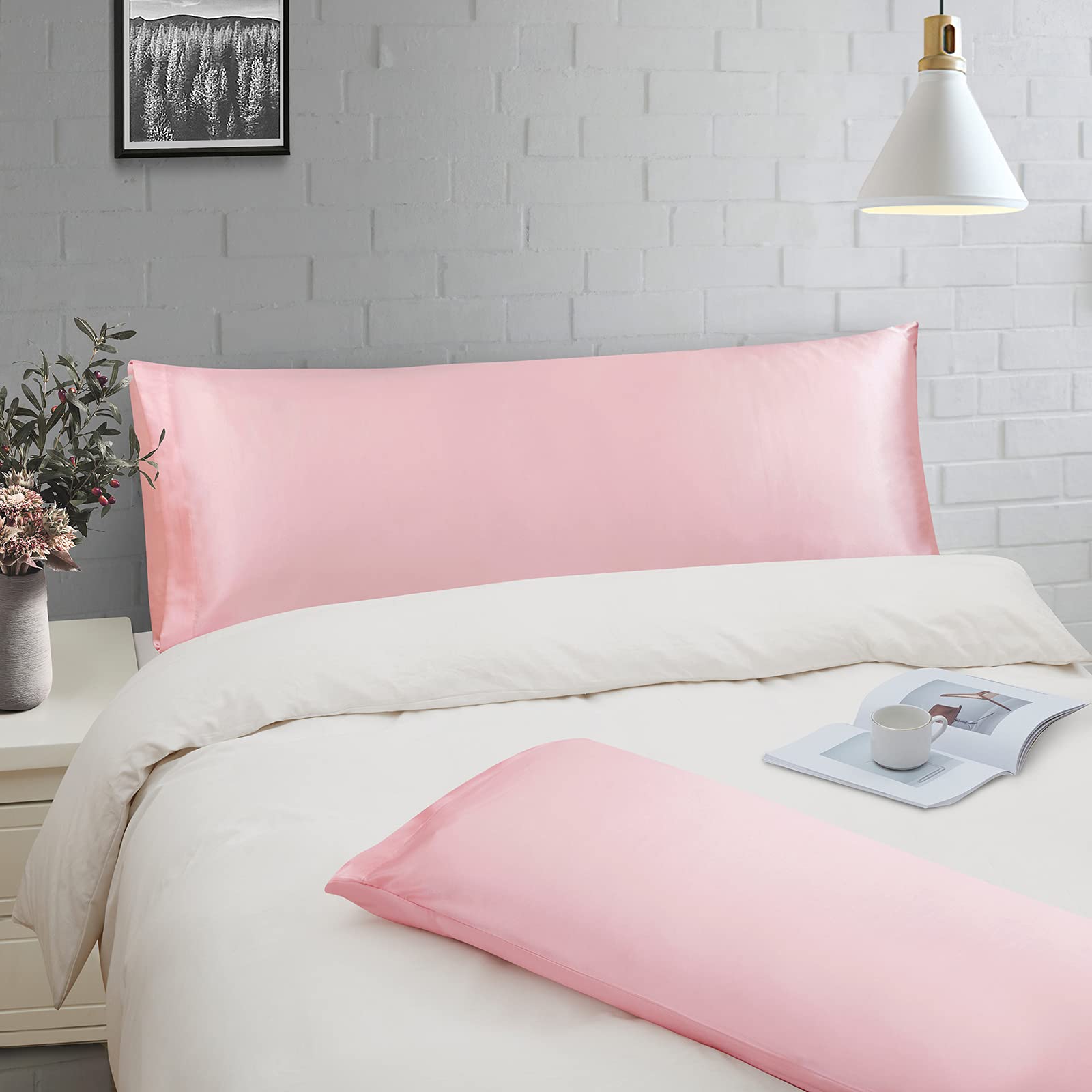 Ersmak Satin Body Pillow Cover Set Of 2, 20X54 Inches Blush Pink Ultra Soft Satin Body Pillow Case For Hair And Skin, Silky Slip