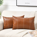 Fancy Homi 2 Packs Brown Boho Long Lumbar Faux Leather Decorative Throw Pillow Covers 16x24 Inch for Couch Bed Sofa, Hand Stitch