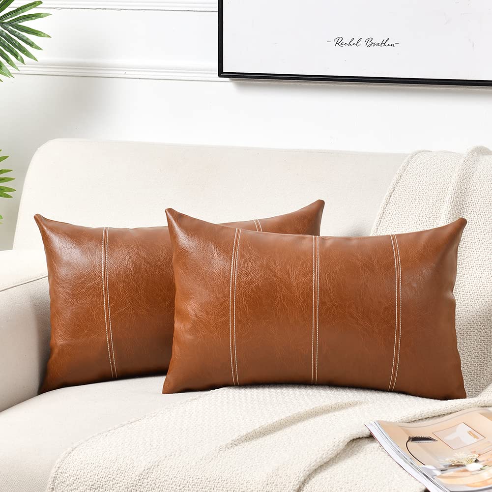 Fancy Homi 2 Packs Brown Boho Long Lumbar Faux Leather Decorative Throw Pillow Covers 14x20 Inch for Couch Bed Sofa, Hand Stitch