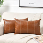 Fancy Homi 2 Packs Brown Boho Long Lumbar Faux Leather Decorative Throw Pillow Covers 14x20 Inch for Couch Bed Sofa, Hand Stitch