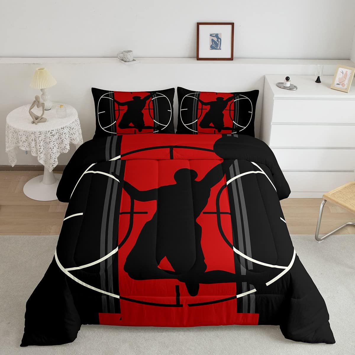 Basketball Comforter Set Queen For Boys Kids Sports Games Room Decor Red And Black Comforter Aldults Bedroom Basketball Court Be