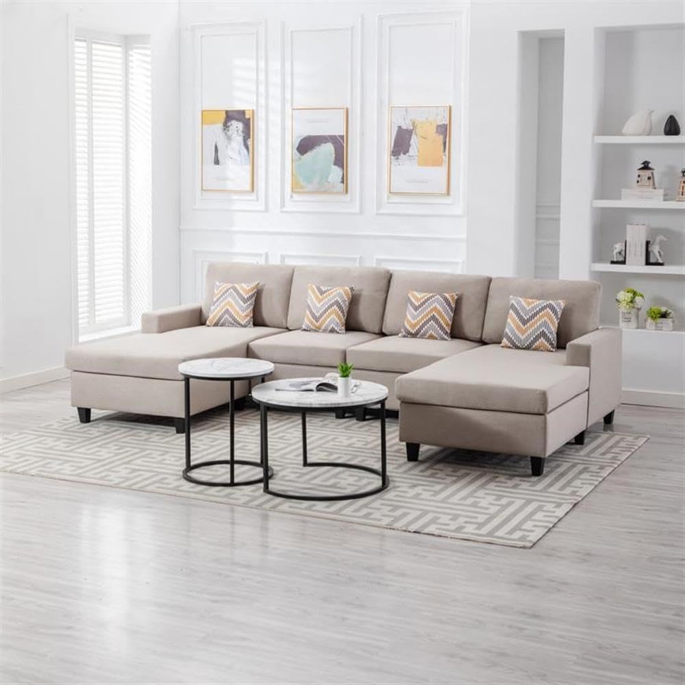 Lilola Home Nolan Beige Linen Fabric 4Pc Double Chaise Sectional Sofa with Pillows and Interchangeable Legs