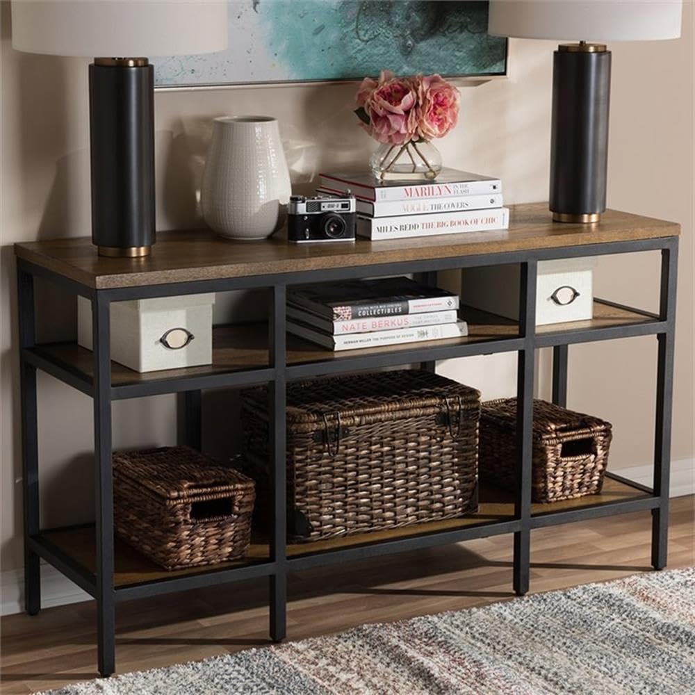 Baxton Studio Caribou Rustic Industrial Style Oak Brown Finished Wood and Black Finished Metal Console Table