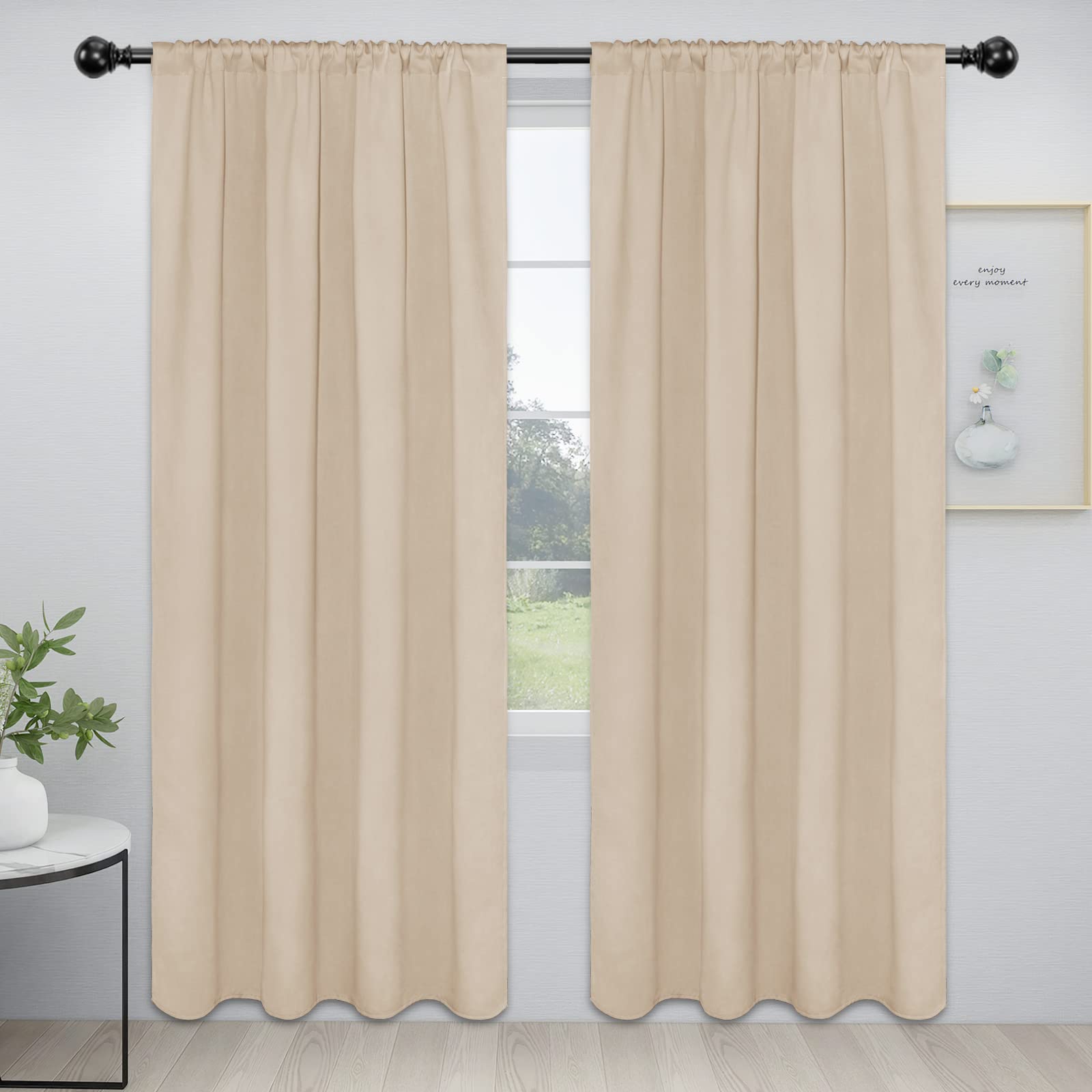 Easy-Going Rod Pocket Blackout Curtains For Bedroom, Room Darkening Window Curtains For Living Room, Thermal Insulated Noise Reduction Solid Window Drapes, 2 Panels(52X96 In, Beige)