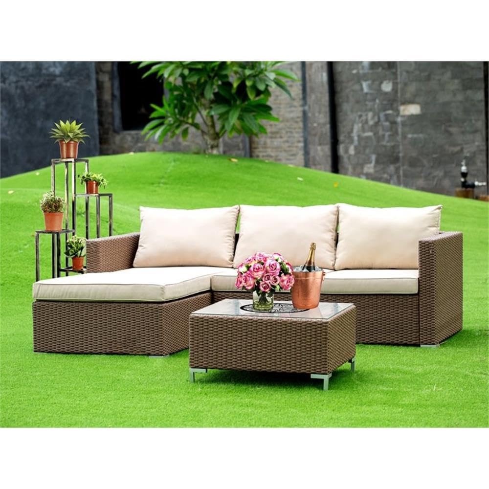 East West Furniture Acl3S02A Ackerly 3 Piece Patio Conversation Outdoor Sectional Sofa Set Contains A Rectangle Glass Top Wicker Coffee Table And Linen Fabric Cushion, 63X87 Inch, Brown