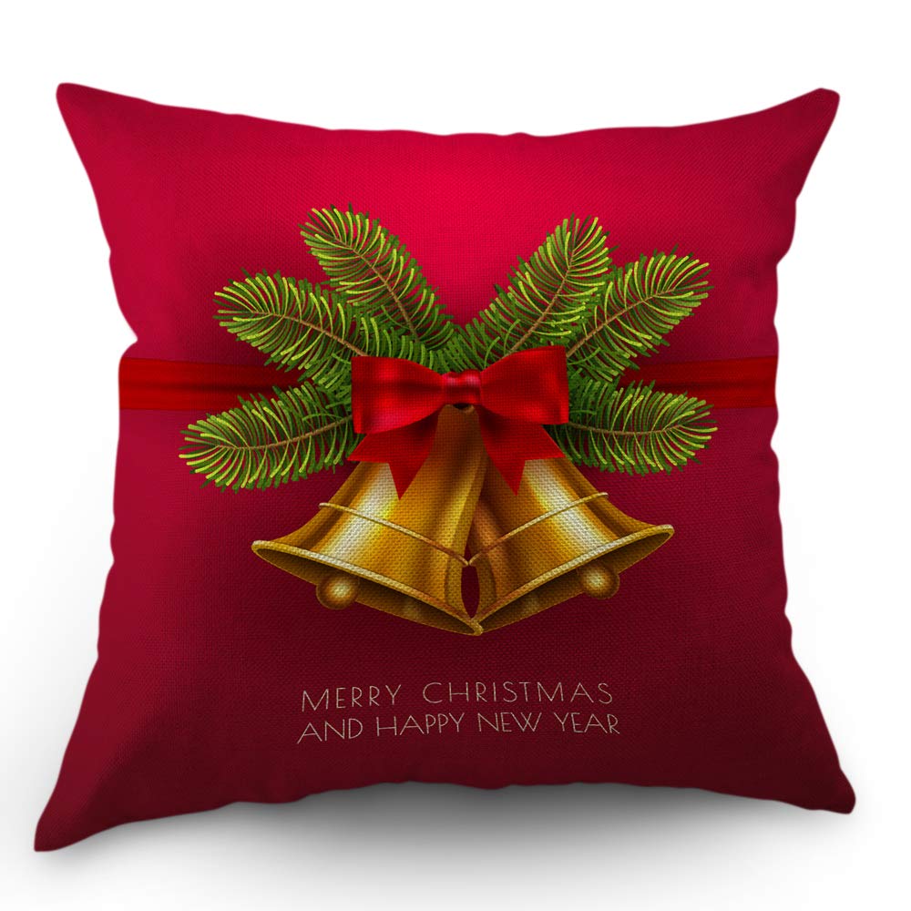 Moslion Bell Pillows Decorative Throw Pillow Cover Christmas Jingle Bells Mistletoe Tree Leaves Pillow Case 18X18 Inch Cotton Li