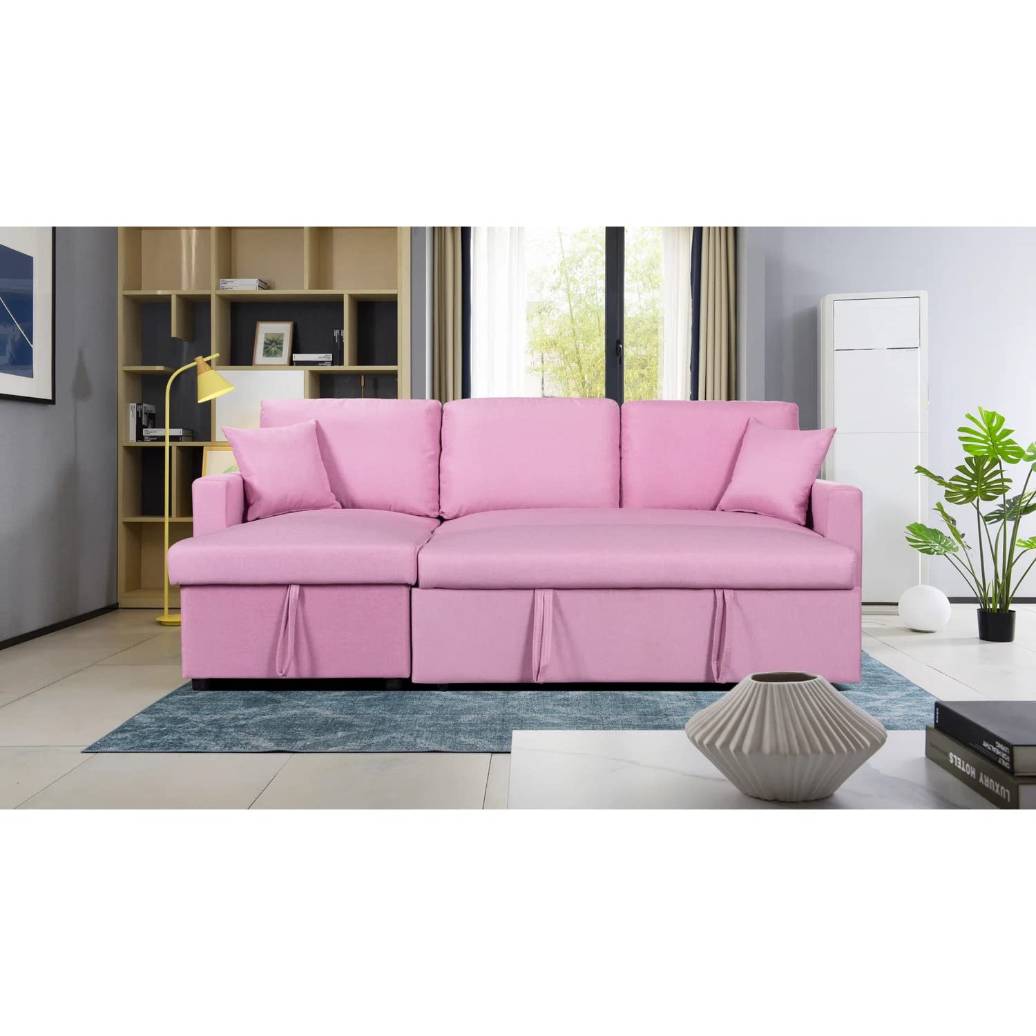 Lilola Home Paisley Pink Linen Fabric Reversible Sleeper Sectional Sofa with Storage Chaise