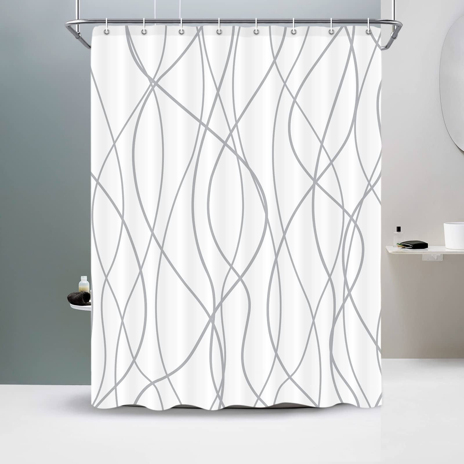 Punkray Grey and White Striped Fabric Shower Curtain for Bathroom with 10 Hooks, Bath Curtains Decorative cortinas para bano duc