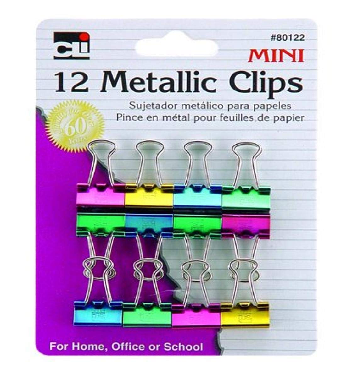 Charles Leonard Binder Clips, Metallic, Assorted Colors, Mini, 12-Pack (80122)