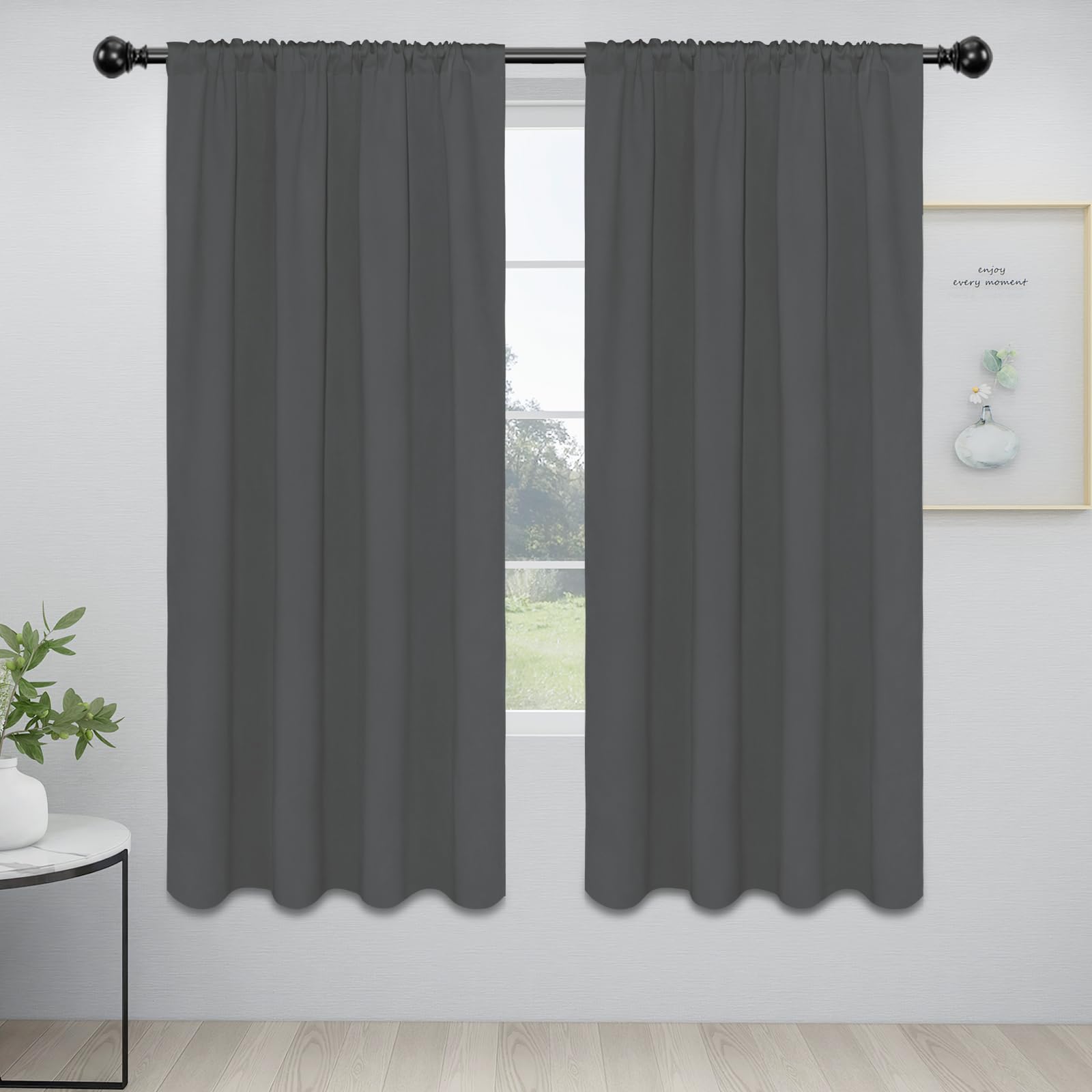 Easy-Going Rod Pocket Blackout Curtains For Bedroom, Room Darkening Window Curtains For Living Room, Thermal Insulated Noise Reduction Solid Window Drapes, 2 Panels(42X72 In, Grey)