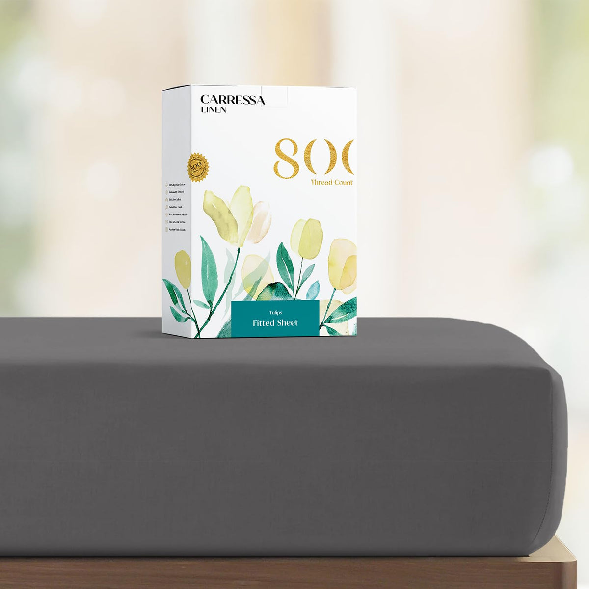 Carressa Linen Egyptian Cotton 800 Thread Count, Dark Grey Twin Fitted Sheet With Elastic All Around, Soft & Silky Sateen Weave