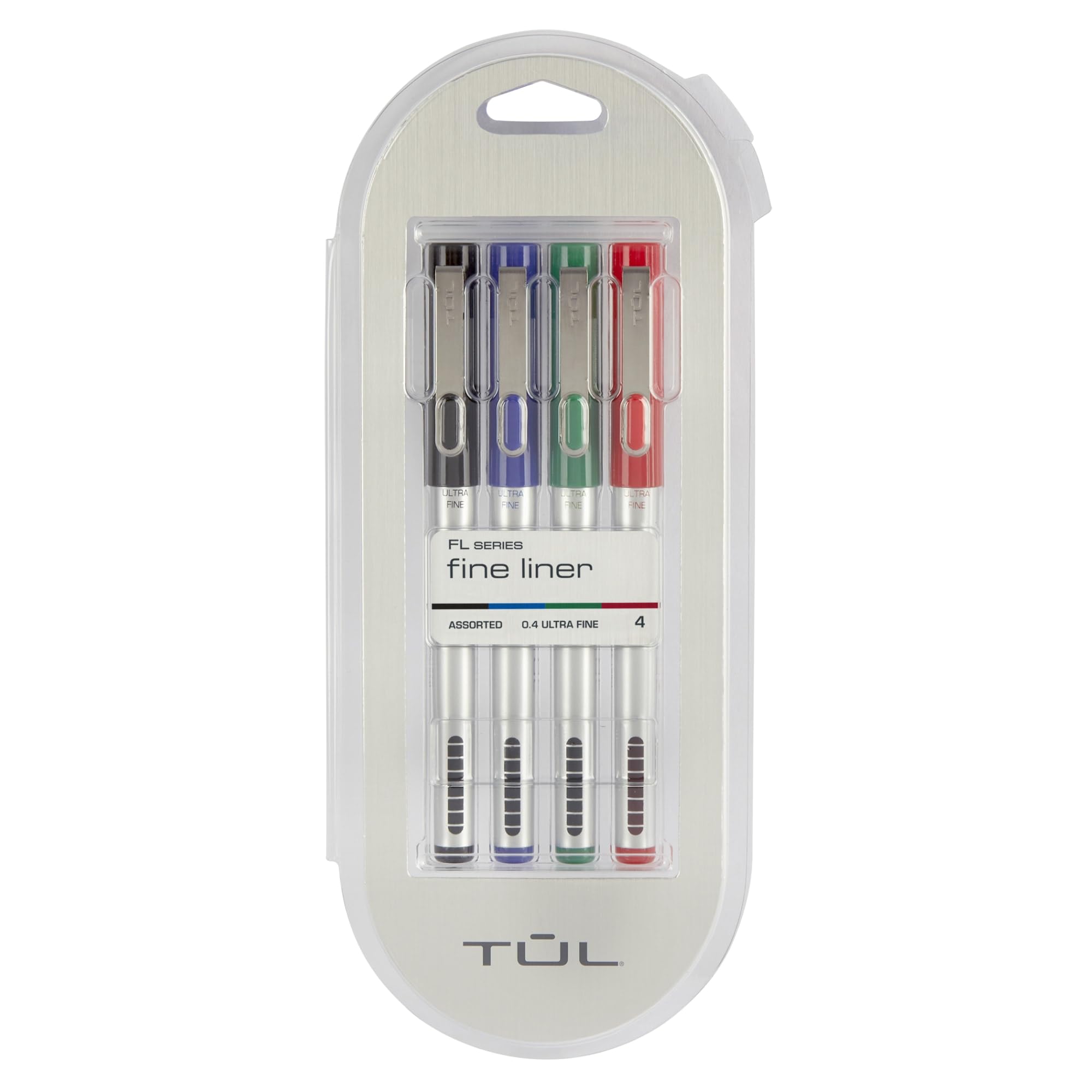 Tul Fine Liner Felt-Tip Pens, Ultra-Fine, 0.4 Mm, Silver Barrel, Assorted Ink Colors, Pack Of 4 Pens
