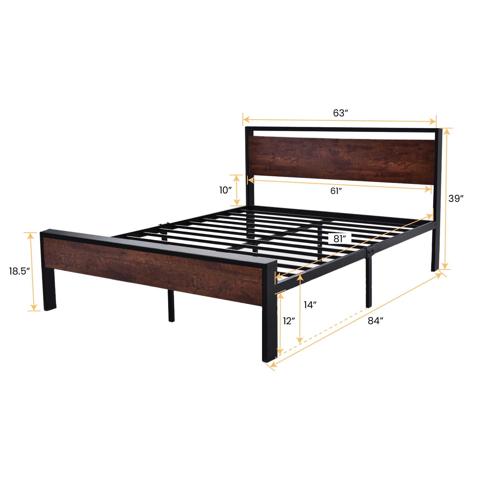 Sha Cerlin 14 Inch Queen Size Metal Platform Bed Frame With Wooden Headboard And Footboard, Mattress Foundation, No Box Spring Needed, Large Under Bed Storage, Non-Slip Without Noise, Mahogany