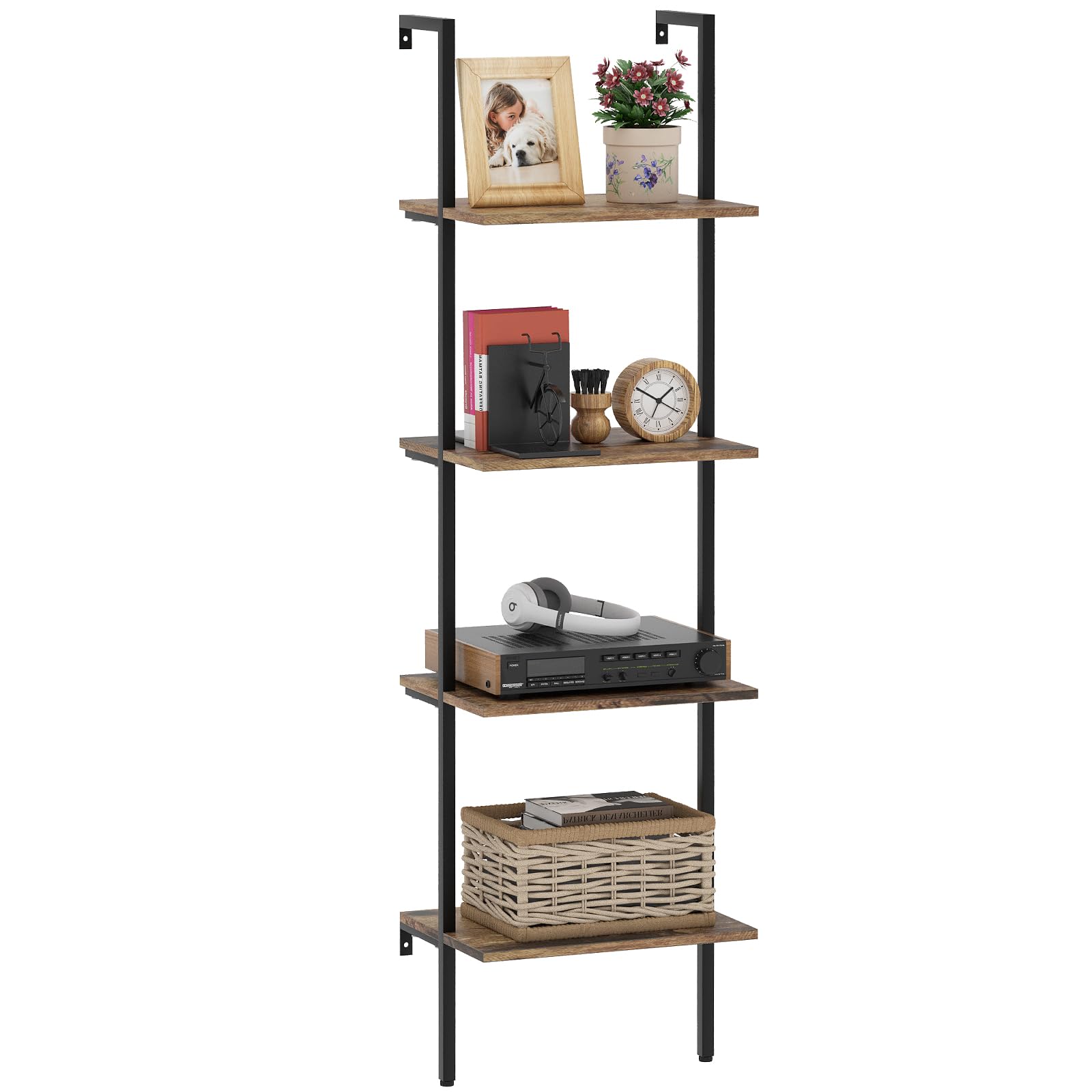 Wolawu Ladder Shelf 4 Tiers Metal Industrial Bookshelf,Brown Wood Tall Open Storage Rack And Display Shelves,Wall Mount Wide Book Case For Home Office Bedroom,Small