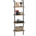 Wolawu Ladder Shelf 4 Tiers Metal Industrial Bookshelf,Brown Wood Tall Open Storage Rack And Display Shelves,Wall Mount Wide Book Case For Home Office Bedroom,Small