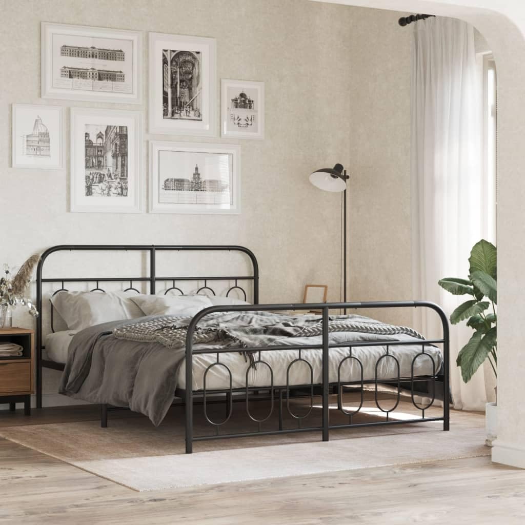 vidaXL Metal Bed Frame with Headboard/Footboard - Modern Black Double Bed, Steel Frame 59.1"x78.7", 81.5"x61.4"x39.4", Bedroom Furniture