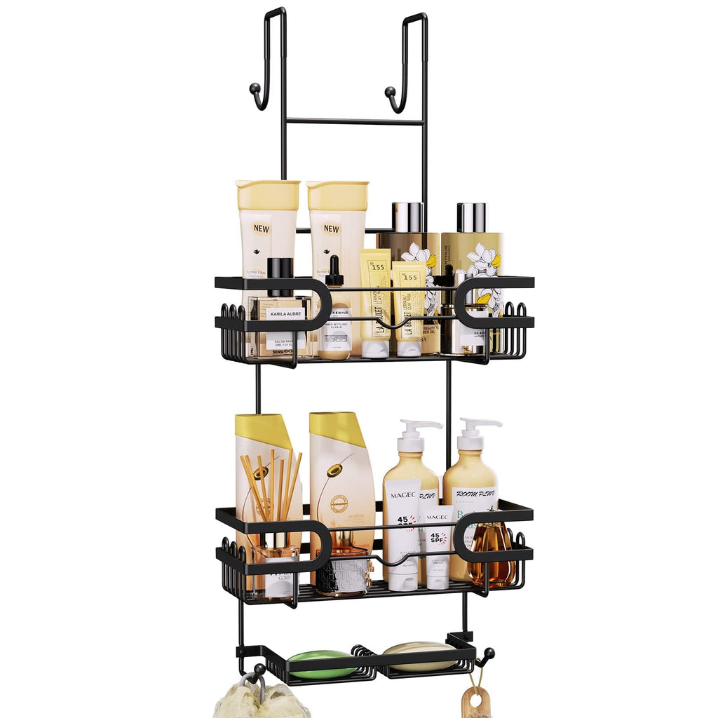 SWTYMIKI Over The Door Shower Caddy With Double Soap Holder, Stainless Steel Hanging Shower Organizer With 16 Hooks No Drilling 