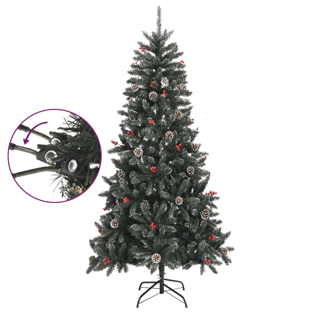 'Vidaxl Artificial Christmas Tree With Stand, 82.7 Inch Pvc Green And White Christmas Tree Featuring Snow, Cones And Berries Decorations, Lifelike Xmas Tree With Sturdy Steel Base And Hinged Const...