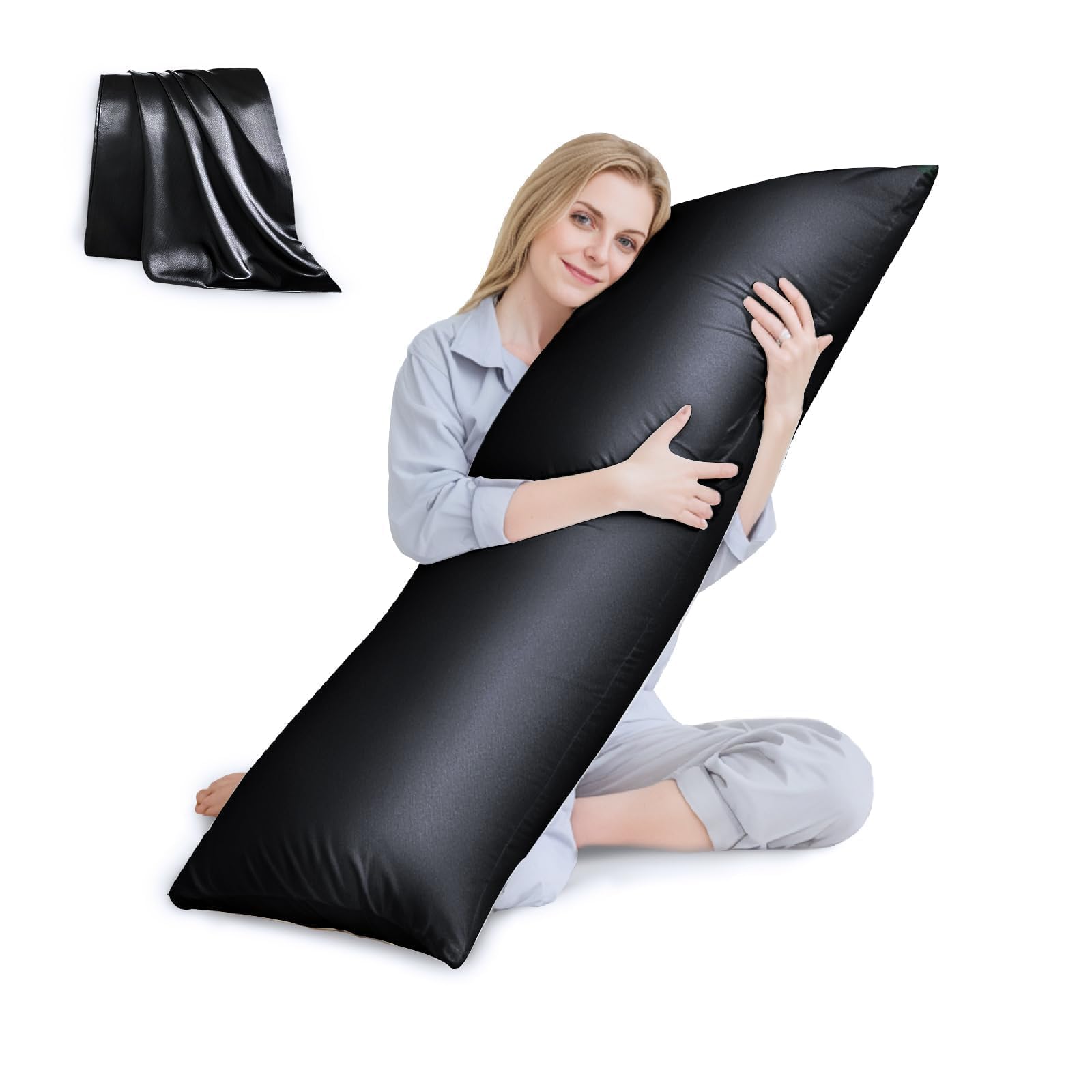 Huxmeyson Body Pillow With Satin Pillowcase, Cooling Body Pillows For Adults, Long Pillow For Bed With Removable Cover, Black (2