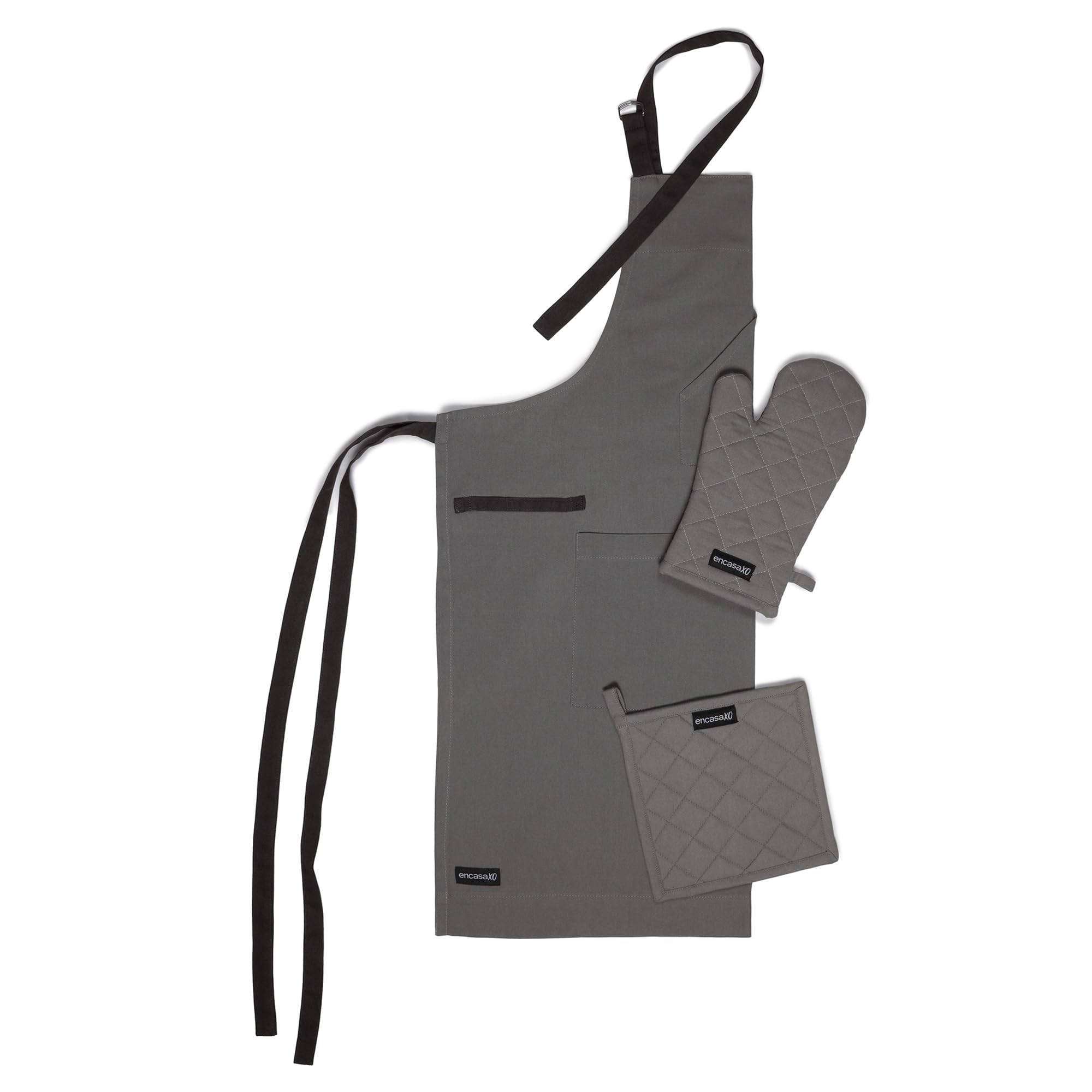 Encasa Xo Kitchen Apron With Oven Gloves & Potholder  Combo Set 100% Cotton  Heat Resistant | Grey (3 Pcs Set)