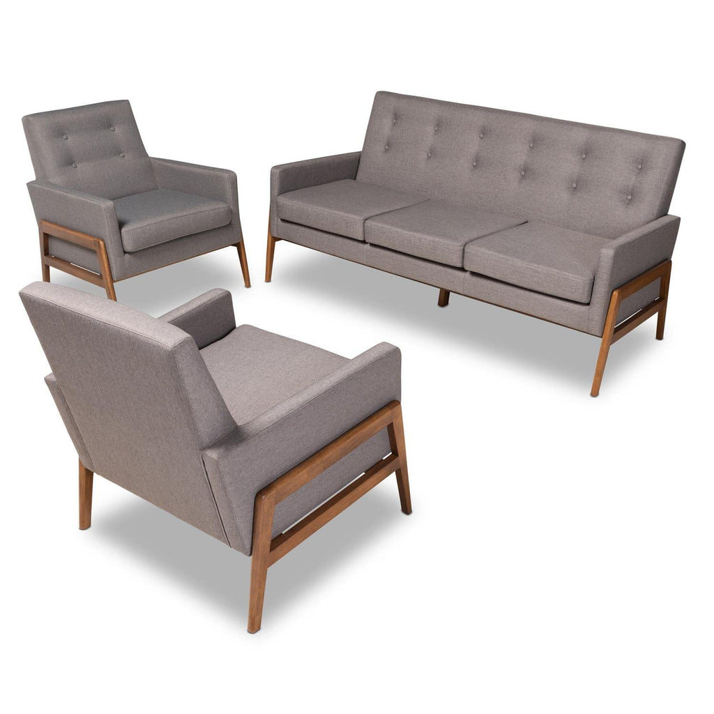 Baxton Studio Perris Mid-Century Modern Light Grey Fabric Upholstered Walnut Finished Wood 3-Piece Living Room Set