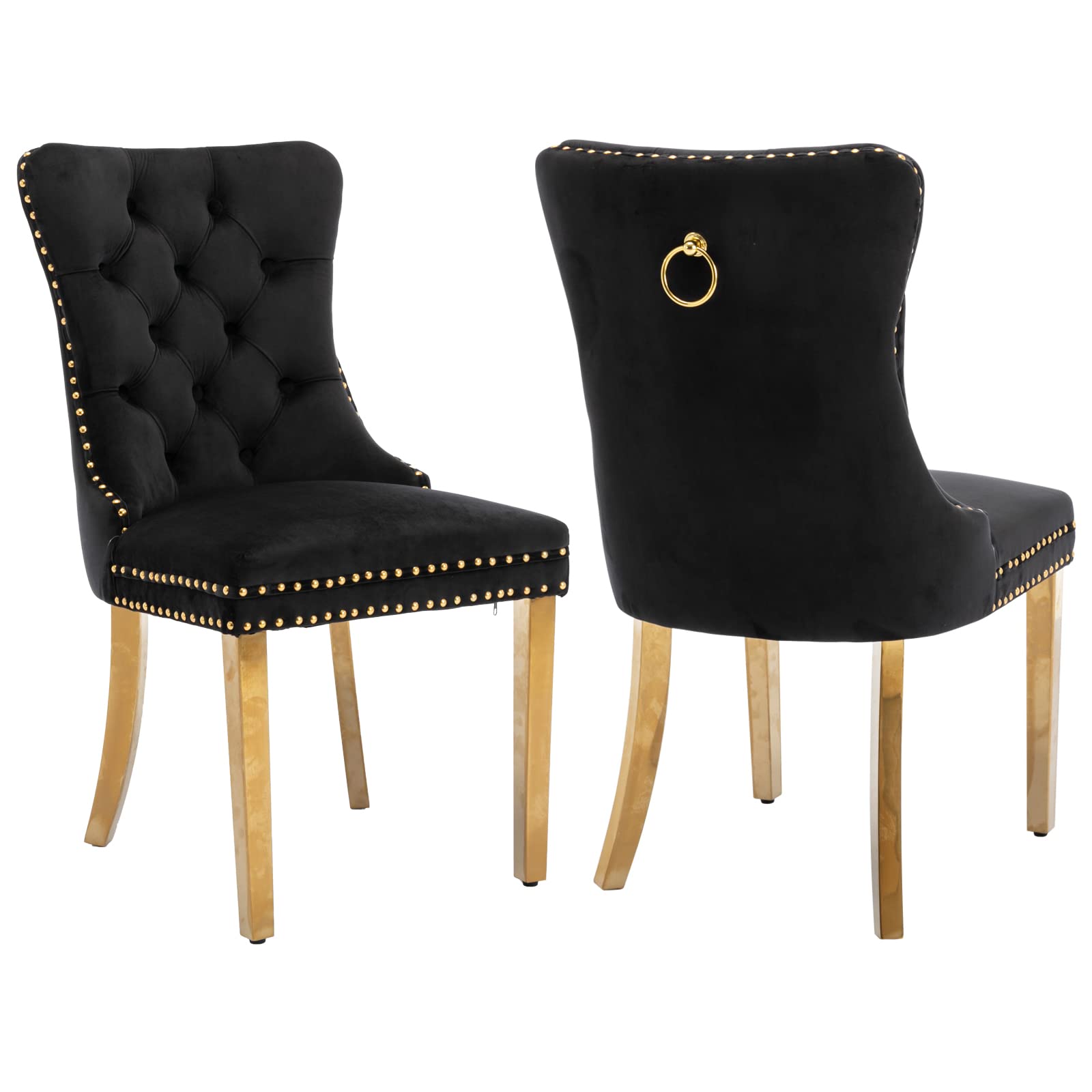 Black Dining Chairs Set Of 2, Velvet Upholstered Dining Room Chairs With Back Ring Pull Trim And Golden Stainless Steel Legs, Tu